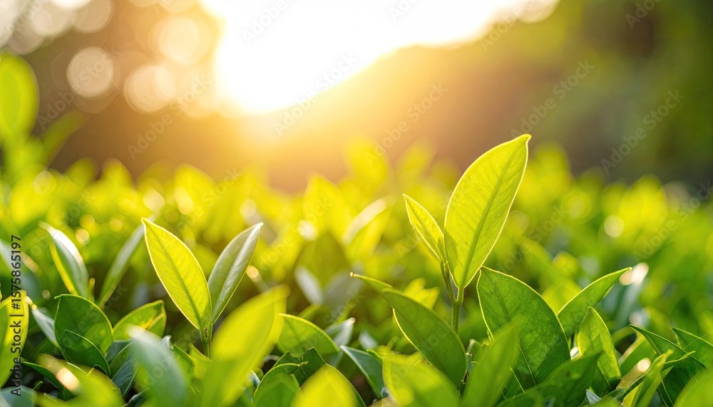 Obraz premium Fresh tea leaves bathed in sunlight