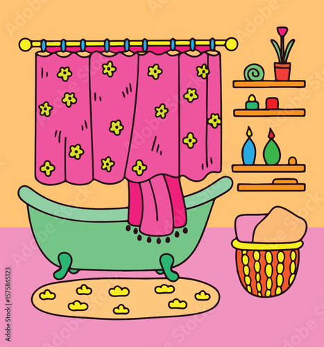 Cute Bathroom Interior Illustration – Colorful Hand Drawn Bathtub Clipart