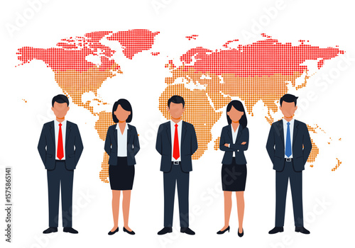 Diverse business team stands confidently in front of a world map, symbolizing global collaboration and international partnerships in a professional setting.