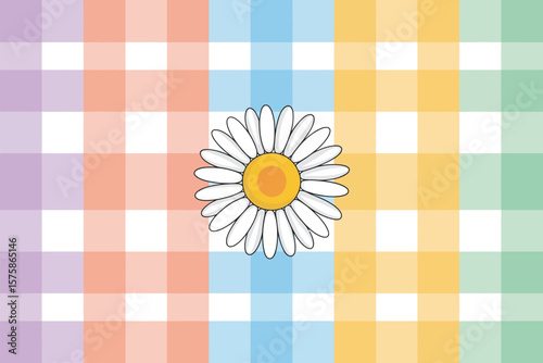 Daisy rests on a checkered backdrop of pastel shades, bringing a fresh and summery feel to the design.