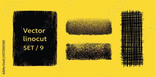 Linocut, relief printing, letterpress rectangle shapes rough textures set, collection. Black linocutting textured backgrounds, text frames. Paint roller geometric stains, lino ink grungy