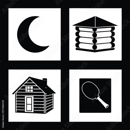 Crescent moon log cabin stack of logs ping pong paddle black white