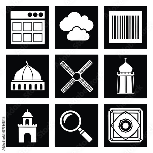 Collection of nine white silhouette icons on black background vector