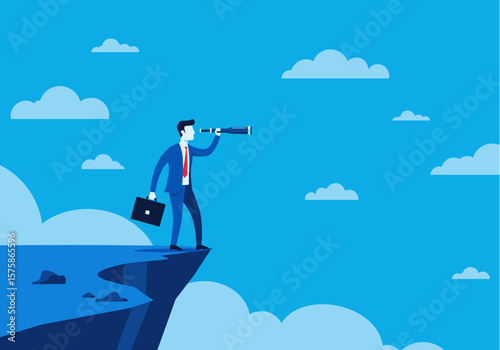 A determined businessman stands on a cliff edge, gazing through a telescope into the vast blue sky, symbolizing vision and future opportunities.