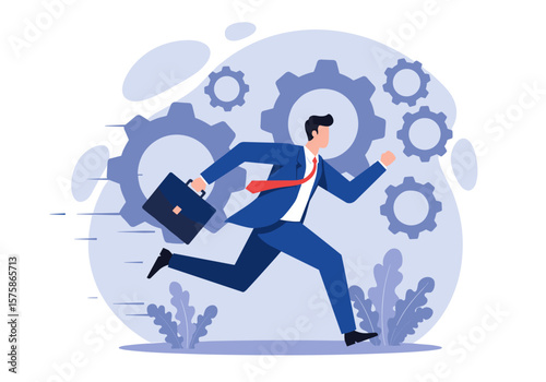 A businessman in a blue suit runs fast, briefcase in hand, amidst large rotating gears, symbolizing efficiency and progress in a modern business setting.