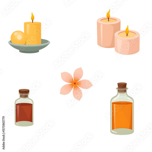 Decorative candles and essential oils with flower on transparent background  