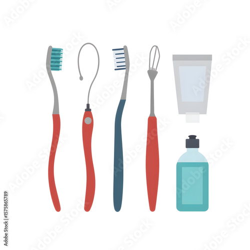 Dental tools including toothbrushes, floss, and mouthwash bottle  