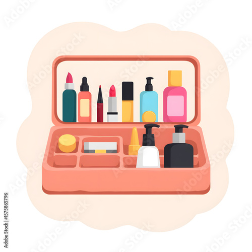 Makeup organizer with various cosmetics in pastel color scheme  
