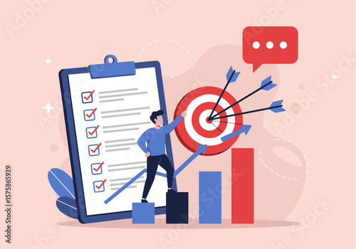 A determined businessman celebrates achieving his goals, visualized with a checklist, target arrows, and a rising bar graph, symbolizing success and accomplishment in business planning.