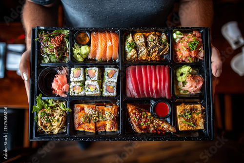 Speckled White Bento Box with Sushi and Sashimi


