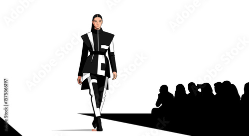 Dynamic fashion show illustration featuring black and white designs for fashion events and industry promotion