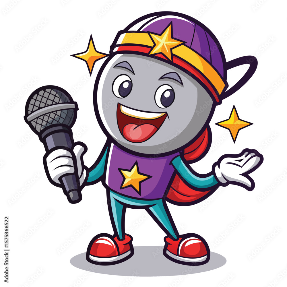 Fototapeta premium Cartoon character, a stylized figure with a microphone, stars, and a cape, in a joyful pose
