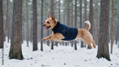 A small terrier dog wearing a blue knitted sweater jumps joyfully through a snowy forest during winter