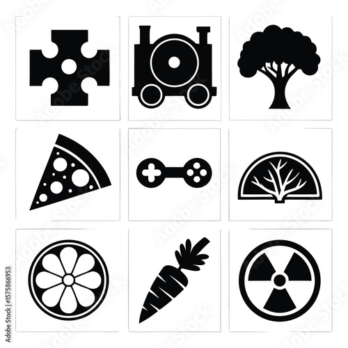 Black silhouette icons of objects and symbols vector