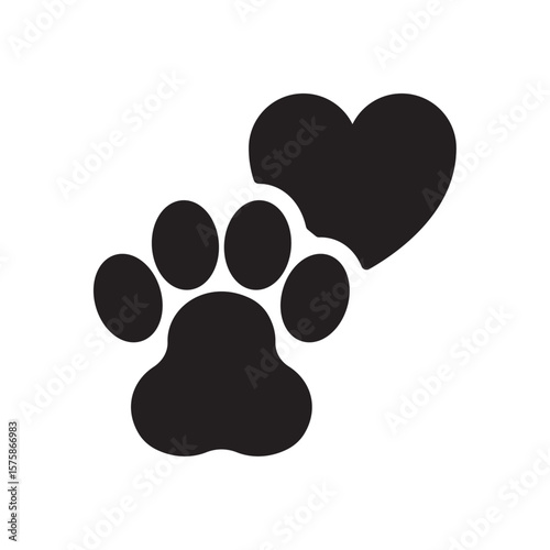 Paw with heart icon. Animal, love, care, cat or dog paw print symbol. Vector illustration. Editable stroke. Flat design.