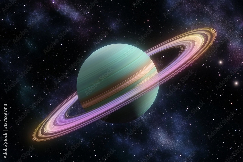 Naklejka premium Vibrant ringed exoplanet showcasing colorful rings in a distant galaxy taken from a virtual space exploration setting