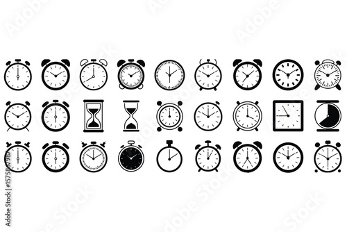 Collection of black and white clock and hourglass icons