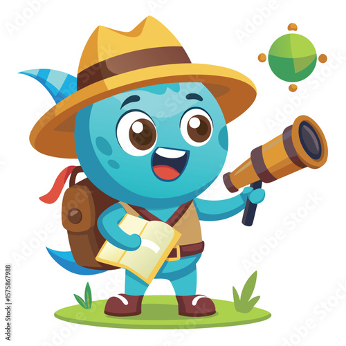 Cartoon explorer creature with a telescope and map