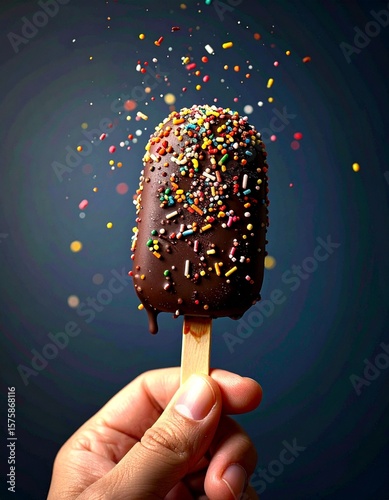 A delicious close-up photo of a colorful sprinkle-covered ice cream on a dark moody background, with dramatic lighting and rich contrast