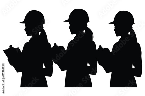 Three Black Silhouettes of Women in Hard Hats Holding Clipboards