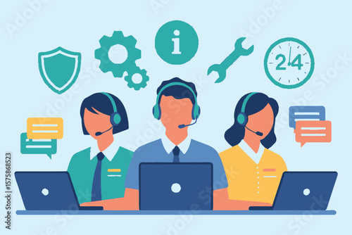 Three people with headsets working on laptops with support icons
