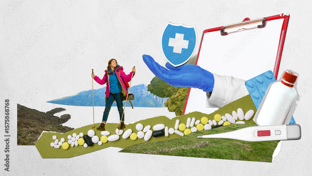 Naklejka premium Collage with woman hiking near medicine collage with pills thermometer and medical glove. Concept of healthcare access for travelers, pharmaceutical safety, outdoor emergency prevention, joyful mood.