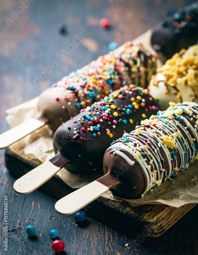 A delicious close-up photo of a colorful sprinkle-covered ice cream on a dark moody background, with dramatic lighting and rich contrast