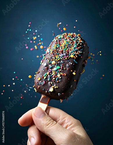A delicious close-up photo of a colorful sprinkle-covered ice cream on a dark moody background, with dramatic lighting and rich contrast