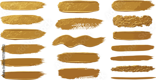 Golden foil paint brush stripes, brushstroke shapes, smears, rough uneven stains strokes set. Hand drawn textured text backgrounds, dividers, gold painted graphic elements. 