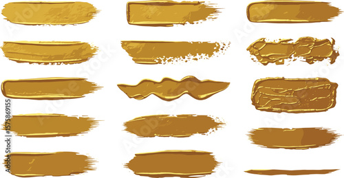 Golden foil paint brush stripes, brushstroke shapes, smears, rough uneven stains strokes set. Hand drawn textured text backgrounds, dividers, gold painted graphic elements. 