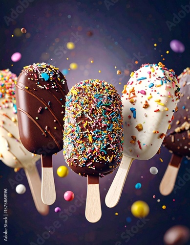 A delicious close-up photo of a colorful sprinkle-covered ice cream on a dark moody background, with dramatic lighting and rich contrast