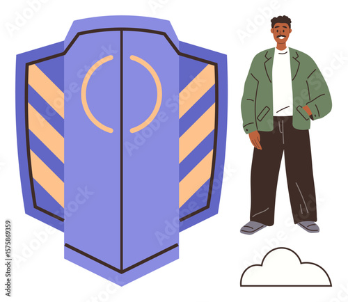 Calm man standing by abstract shield representing protection and safety, with a cloud icon below. Ideal for security, defense, protection, confidence, resilience, technology reliability. Simple flat