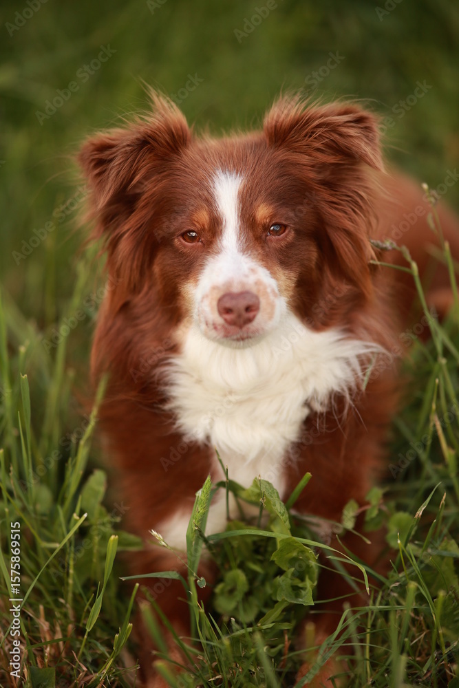 Fototapeta premium Brown and white dog is laying in the grass