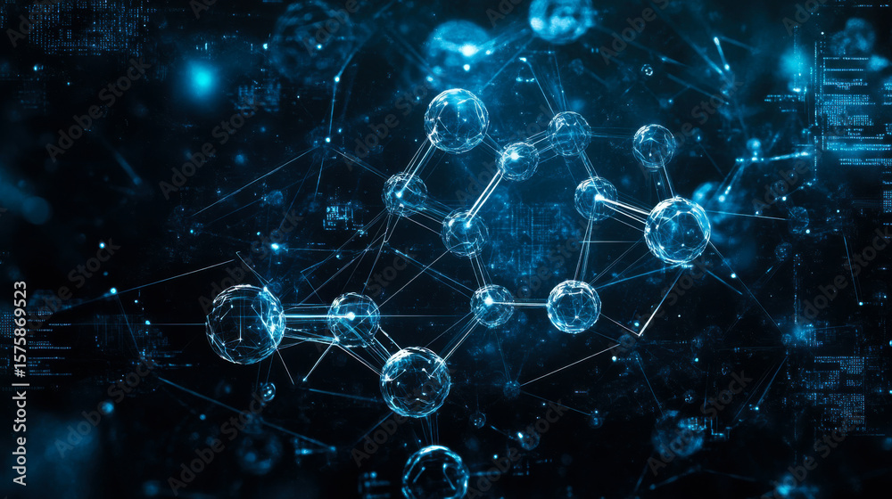 Obraz premium Visual representation of molecular structures in a futuristic digital environment with blue highlights and glowing nodes