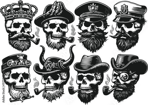 Black and White Linocut Skull Sketches Vintage Archetypal Portraits