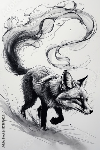 Black Ink Fox Illustration With Flowing Tail