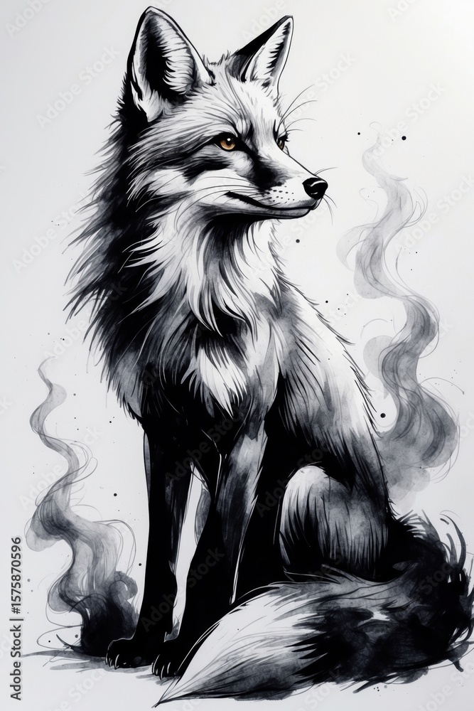 Fototapeta premium Detailed Black Ink Fox Illustration With Smoky Background