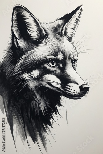 Detailed Black Ink Fox Illustration Old