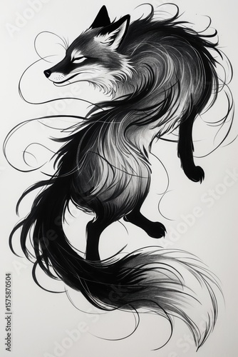Detailed Black Ink Fox Illustration Monochrome Animal Art