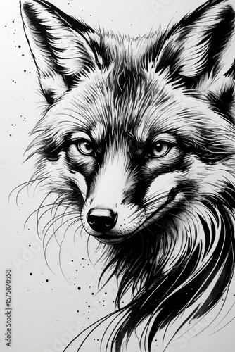 Detailed Black Ink Fox Illustration side