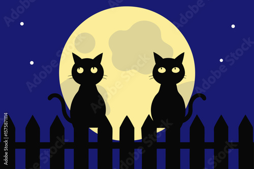 Black Cats Sitting on a Fence Under a Full Moon