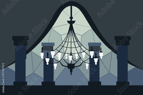 Cobweb Draped Chandelier in a Decaying Grand Hall