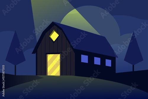 Eerie Light Shining from an Abandoned Barn at Night
