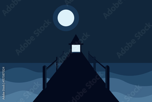 Foggy Moonlit Pier Extending into Dark Waters