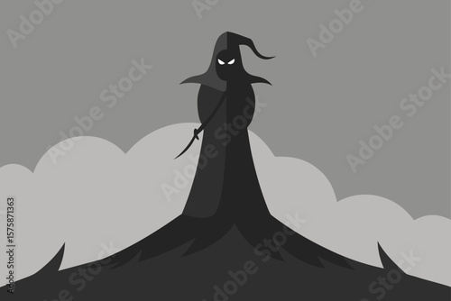 Grim Reaper Figure Standing on a Misty Hill