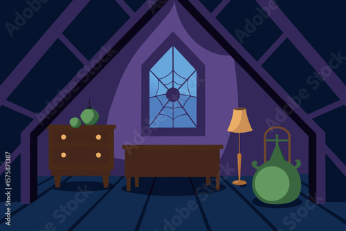 Haunted Attic with Dusty Antique Furniture and Cobwebs