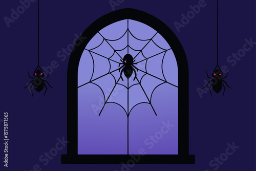 Spiders Weaving Webs Across a Dark Gothic Window