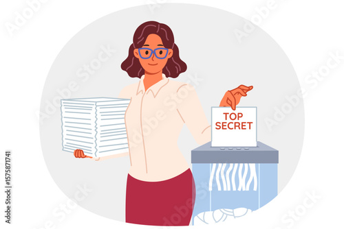 Woman shreds classified documents using shredder to destroy confidential and sensitive information. Lady politician uses shredder to hide data proving crime or ineffective work of parliament