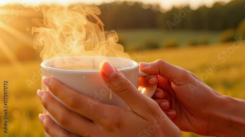 Morning coffee with steam held in hands, against backdrop of golden field. Warm morning coffee invigorates senses, creating sense of peace and contentment as sun rises.