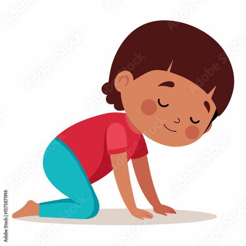 Child in yoga pose on white background balasana relaxation